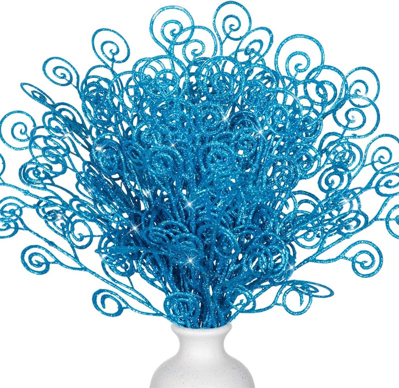 Ysleen 50 Pcs Glitter Tree Picks and Sprays Twigs Artificial Curly Stem Picks Ornaments 12 Inch Branches Sticks for Wreath Vase Fillers Valentines Gift Decoration(Blue) - Image 1